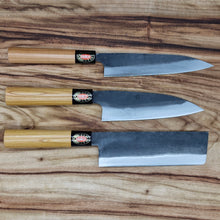 Load image into Gallery viewer, 3 Japanese Hand made Kurouchi knife Set - Santoku/Funayuki, Nakiri, Utility